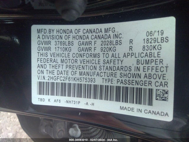 Honda Civic Lx 2019 2HGFC2F61KH575393 Image 9