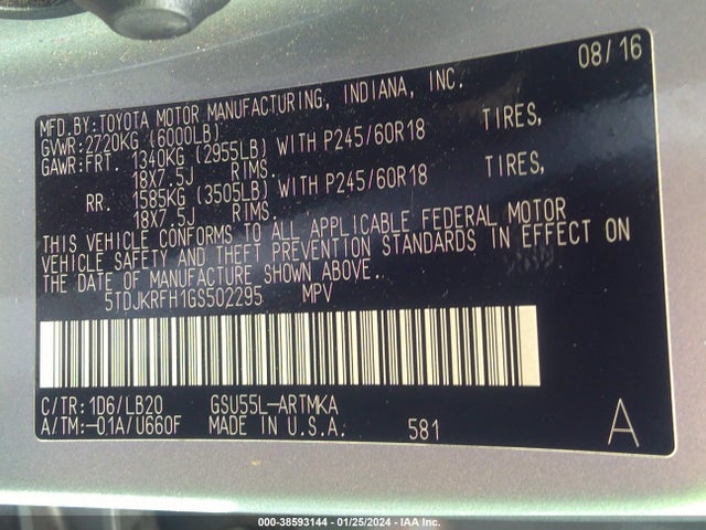 Toyota Highlander Xle V6 2016 5TDJKRFH1GS502295 Image 9