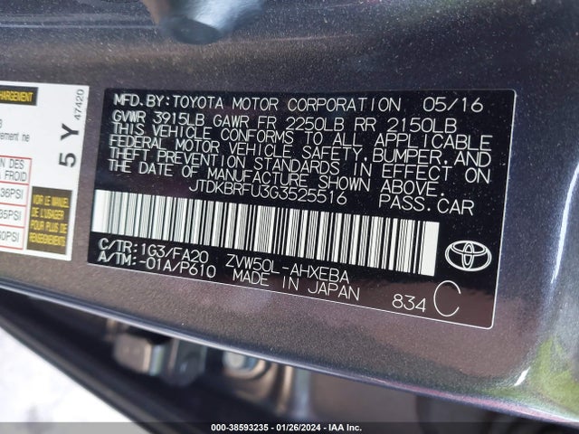 Toyota Prius Two 2016 JTDKBRFU3G3525516 Image 9