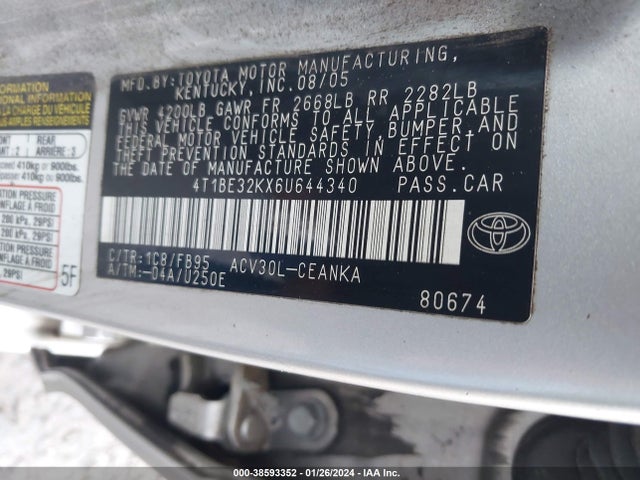 2006 TOYOTA CAMRY LE VIN: 4T1BE32KX6U644340