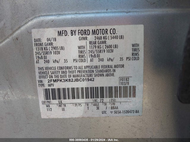 2018 FORD EDGE TITANIUM VIN: 2FMPK3K82JBC01942