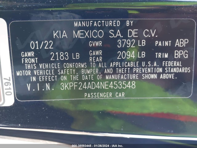 2022 KIA FORTE LXS VIN: 3KPF24AD4NE453548