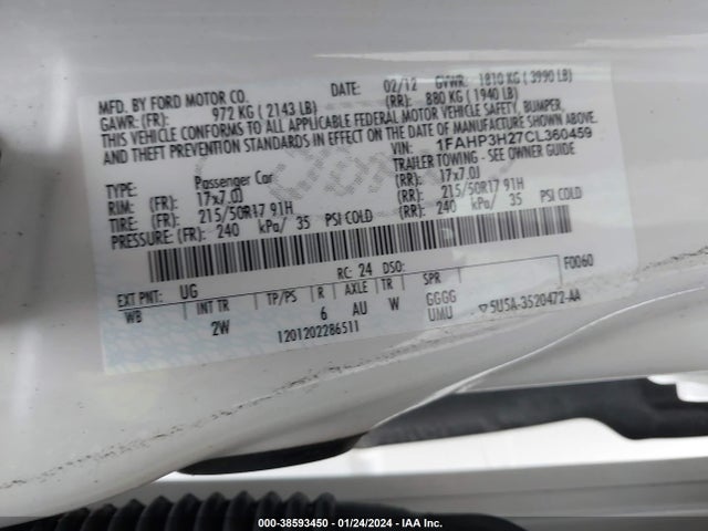 2012 FORD FOCUS SEL VIN: 1FAHP3H27CL360459