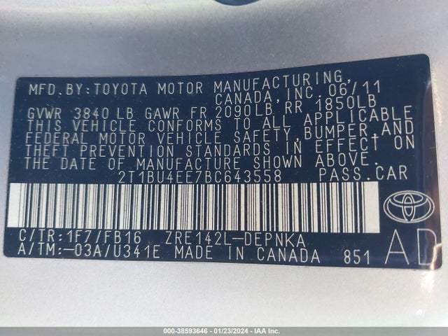 2011 TOYOTA COROLLA LE VIN: 2T1BU4EE7BC643558