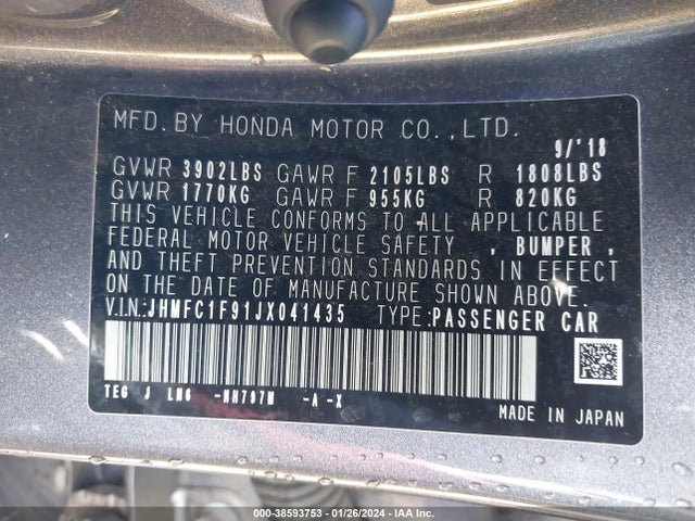 Honda Civic Touring 2018 JHMFC1F91JX041435 Image 9
