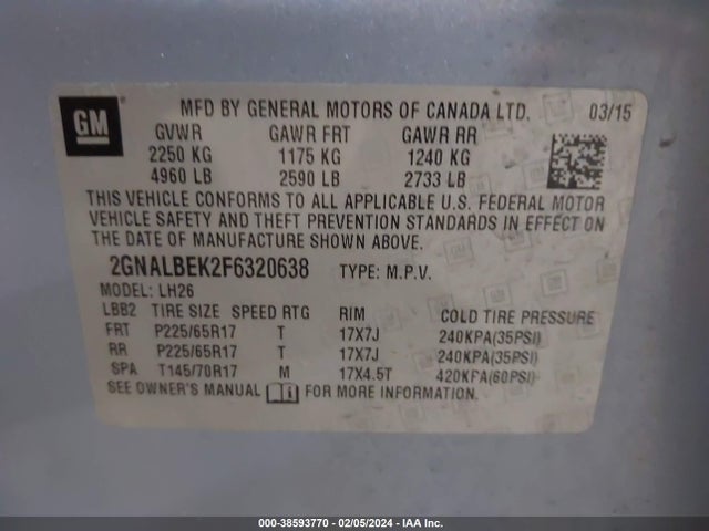 Chevrolet EQUINOX 1LT 2015 2GNALBEK2F6320638 Image 9