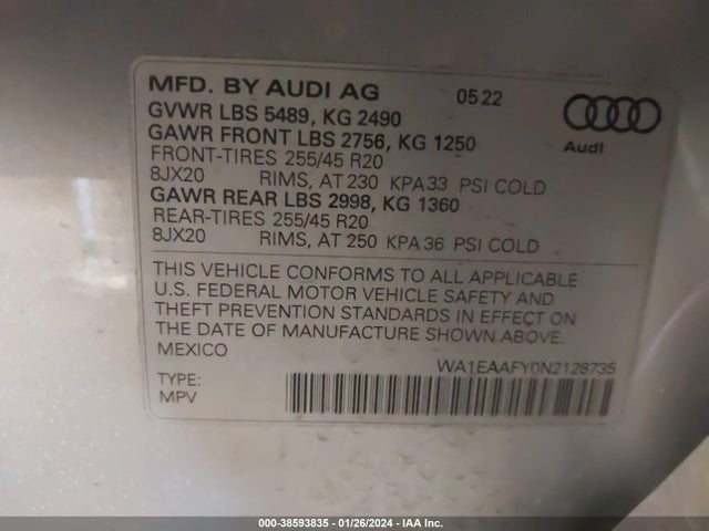 WA1EAAFY0N2128735 Audi Q5 Premium Plus 45 Tfsi S Line Quattro S Tronic