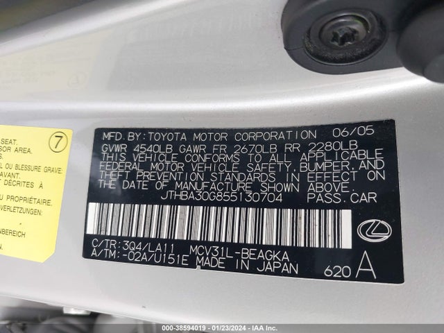 2005 LEXUS ES 330 VIN: JTHBA30G855130704