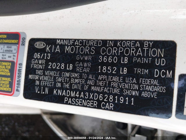 2013 KIA RIO LX VIN: KNADM4A3XD6281911