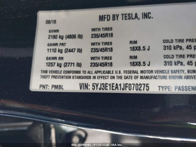 5YJ3E1EA1JF070275 Tesla Model 3 Long Range/mid Range