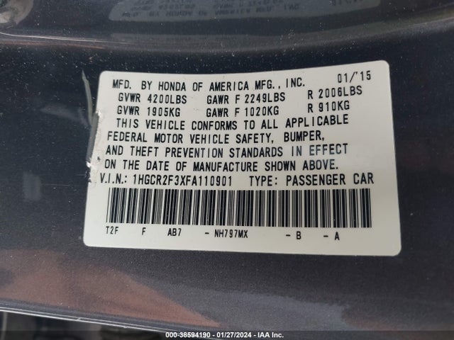 Honda ACCORD LX 2015 1HGCR2F3XFA110901 Image 9