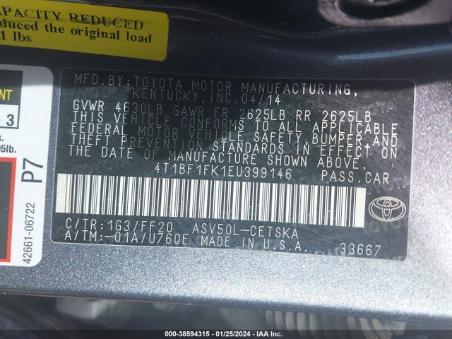 2014 TOYOTA CAMRY SE VIN: 4T1BF1FK1EU399146