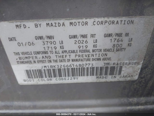 38594370 :رقم المزاد ، JM1BK32G661480773 vin ، 2006 Mazda Mazda3 I مزاد بيع