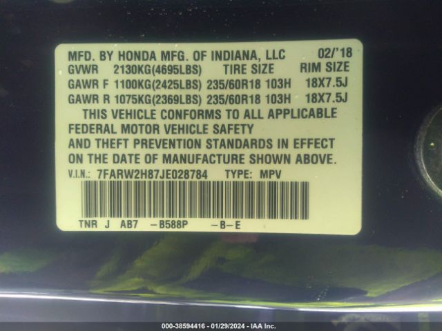 7FARW2H87JE028784 Honda Cr-v Ex-l/ex-l Navi