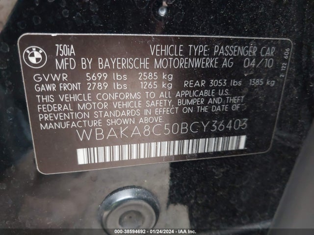 2011 BMW 750I VIN: WBAKA8C50BCY36403