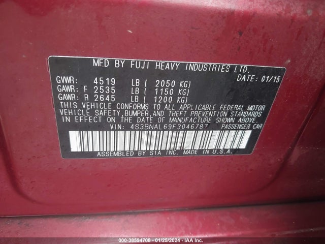 4S3BNAL69F3046787 Subaru Legacy 2.5i Limited