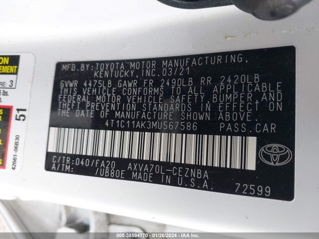 Toyota CAMRY LE 2021 4T1C11AK3MU567586 Image 9
