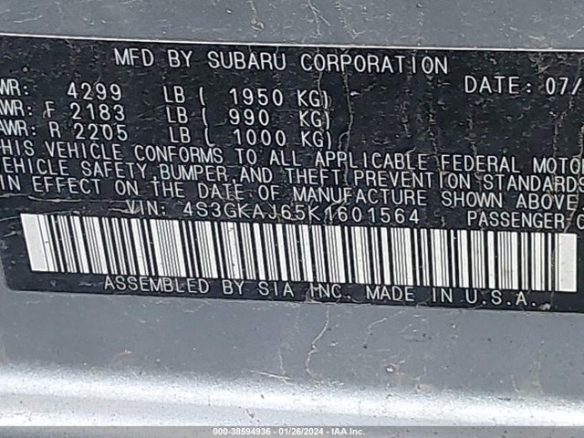 2019 SUBARU IMPREZA 2.0I SPORT VIN: 4S3GKAJ65K1601564