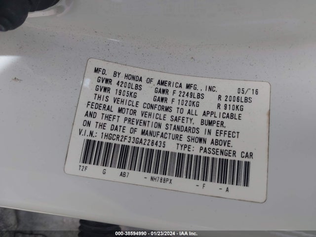 Honda ACCORD LX 2016 1HGCR2F33GA228435 Image 9