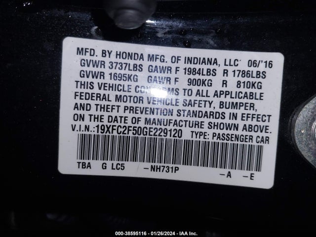 Honda Civic Lx 2016 19XFC2F50GE229120 Image 9