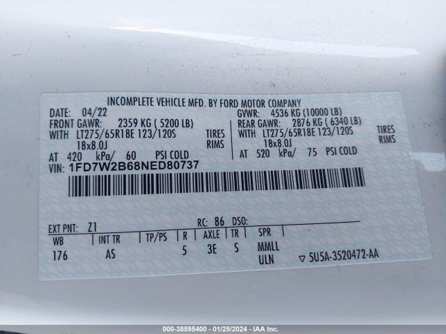 2022 FORD F-250 XL VIN: 1FD7W2B68NED80737