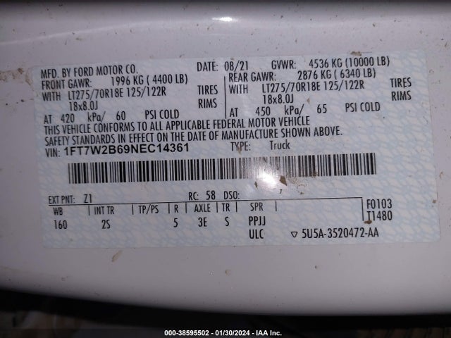 2022 FORD F-250 XLT VIN: 1FT7W2B69NEC14361