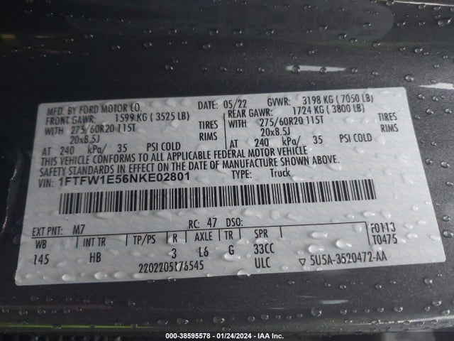 Ford F-150 Lariat 2022 1FTFW1E56NKE02801 Image 9