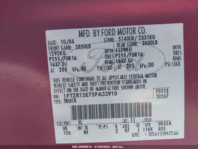 2005 FORD RANGER EDGE/XL/XLT VIN: 1FTZR15E75PA33910