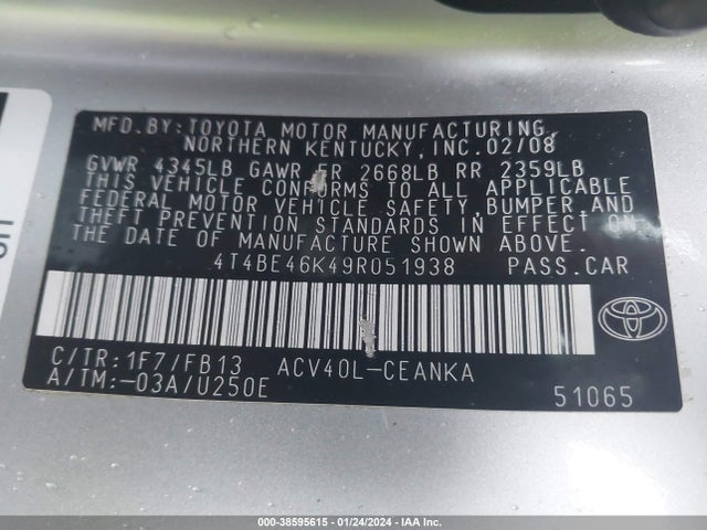 2009 TOYOTA CAMRY LE VIN: 4T4BE46K49R051938