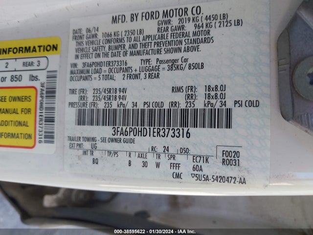 Ford FUSION SE 2014 3FA6P0HD1ER373316 Image 9