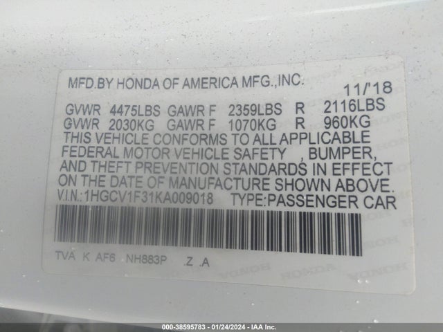 1HGCV1F31KA009018 Honda Accord Sport