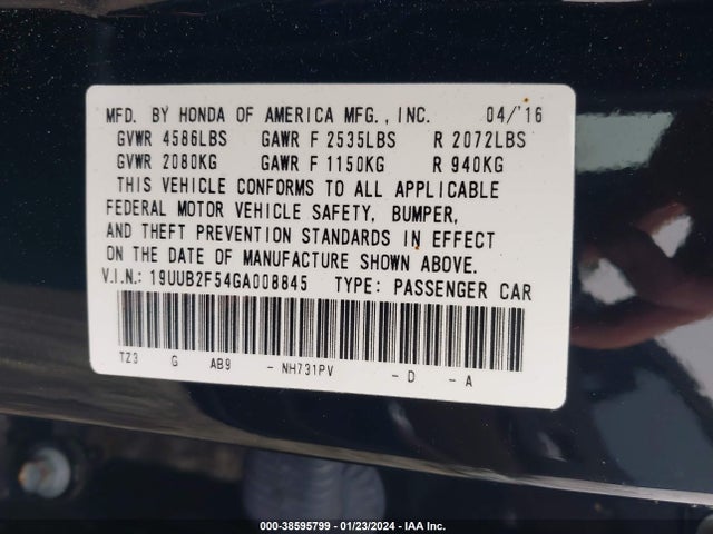 38595799 :رقم المزاد ، 19UUB2F54GA008845 vin ، 2016 Acura Tlx V6 Tech مزاد بيع