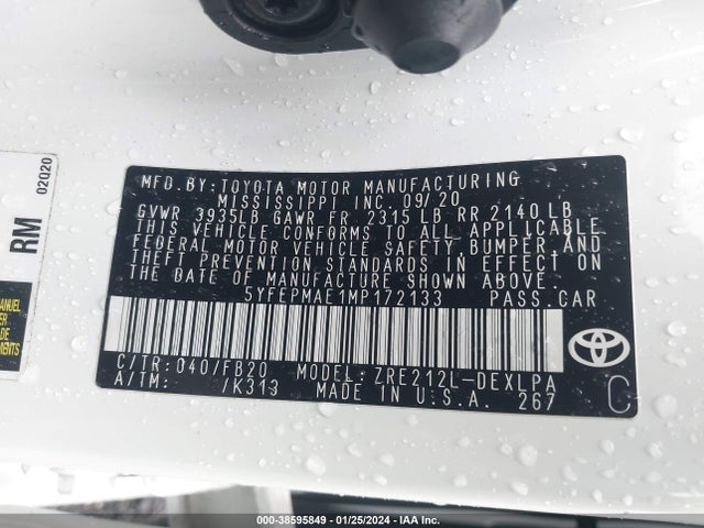 2021 TOYOTA COROLLA LE VIN: 5YFEPMAE1MP172133
