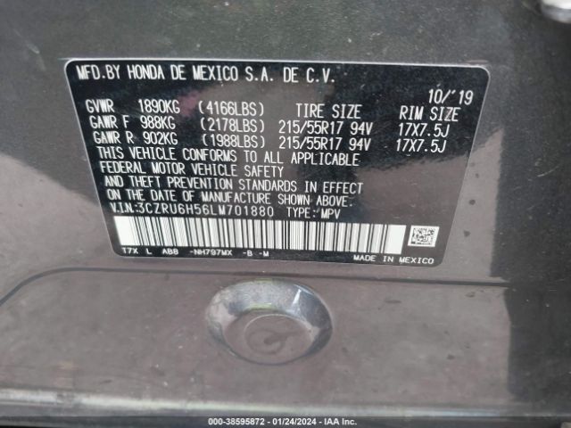 3CZRU6H56LM701880 Honda Hr-v Awd Ex