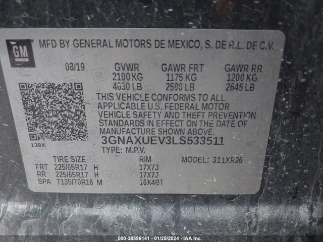 2020 CHEVROLET EQUINOX AWD LT 1.5L TURBO VIN: 3GNAXUEV3LS533511