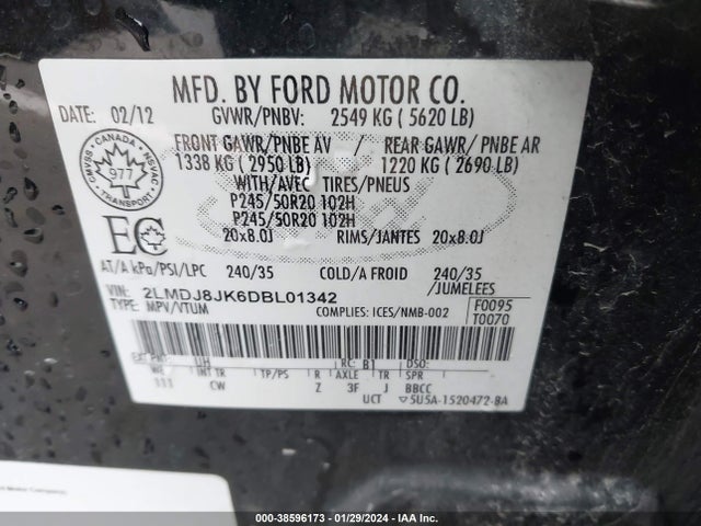 2013 LINCOLN MKX VIN: 2LMDJ8JK6DBL01342