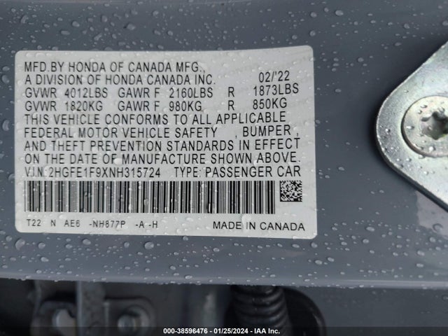 Honda Civic Touring 2022 2HGFE1F9XNH315724 Image 9