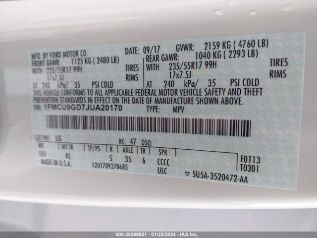 1FMCU9GD7JUA20170 Ford ESCAPE SE