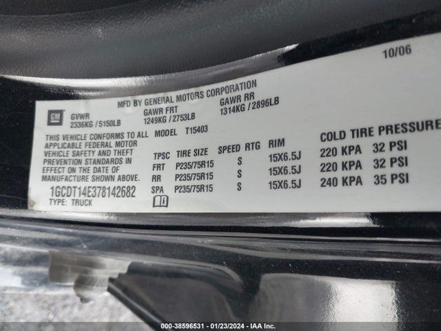 2007 CHEVROLET COLORADO LT VIN: 1GCDT14E378142682