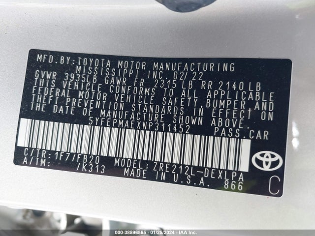 Toyota COROLLA LE 2022 5YFEPMAEXNP311452 Image 9
