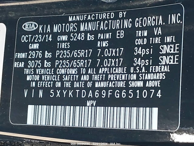 KIA SORENTO LX 2015 5XYKTDA69FG651074 Image 9