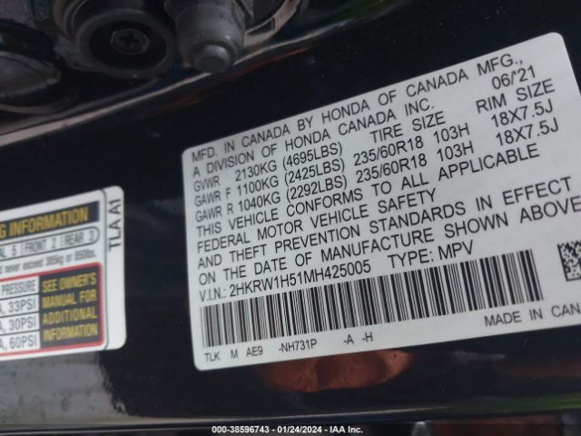 2HKRW1H51MH425005 Honda Cr-v 2wd Ex
