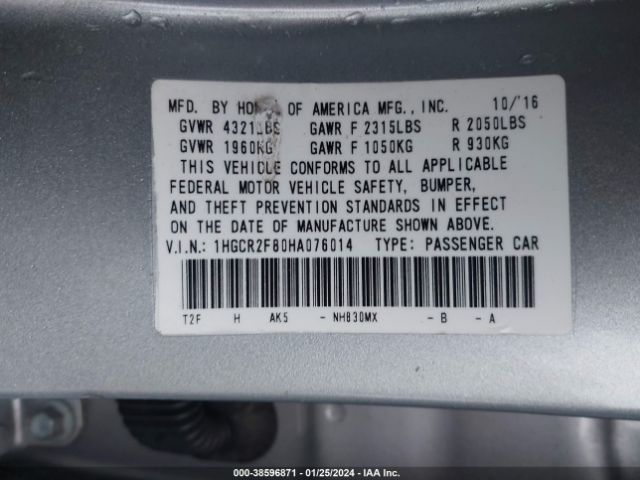 1HGCR2F80HA076014 Honda Accord Ex-l