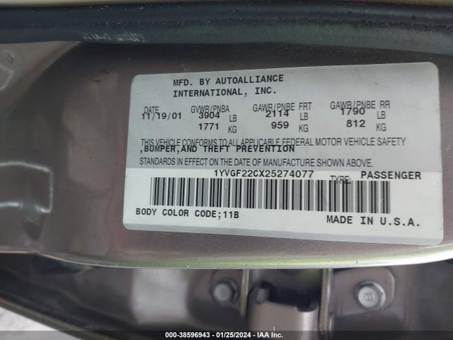 2002 MAZDA 626 LX VIN: 1YVGF22CX25274077