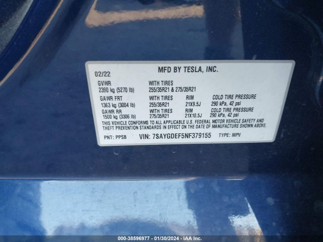 7SAYGDEF5NF379155 Tesla Model Y Performance Dual Motor All-wheel Drive