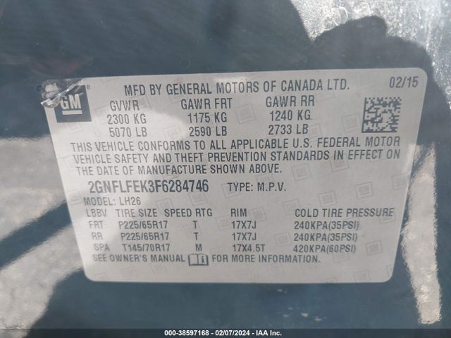 Chevrolet EQUINOX 1LT 2015 2GNFLFEK3F6284746 Image 9