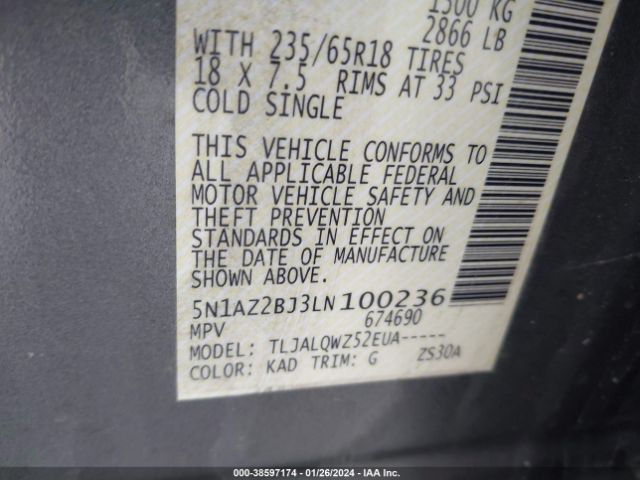 5N1AZ2BJ3LN100236 Nissan Murano Sv Fwd