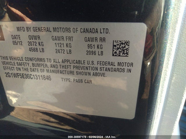 2012 CHEVROLET IMPALA LS VIN: 2G1WF5E36C1311846