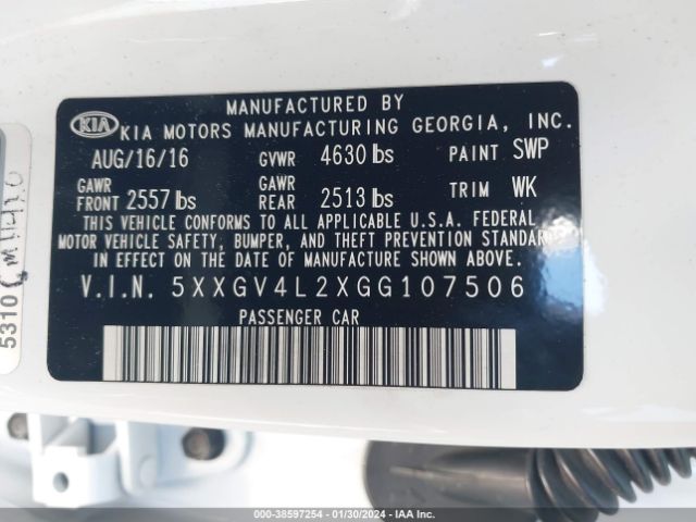 5XXGV4L2XGG107506 KIA Optima Sxl Turbo