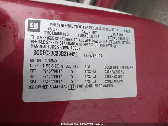 2009 CHEVROLET SILVERADO 1500 LT VIN: 3GCEC23C39G219459